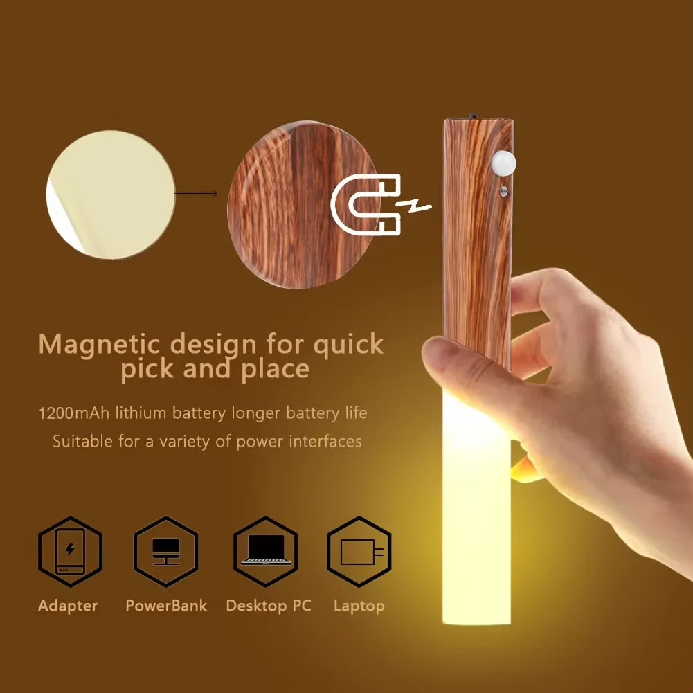 Rechargeable LED Motion Sensor Night Light – Magnetic Wood Wall Light